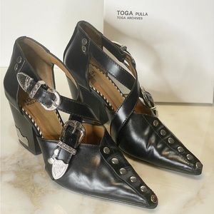 TOGA Pulla Black Leather Pointed Buckle Heels